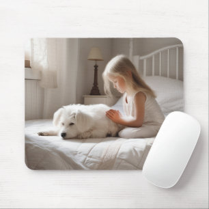 Little Girl som bönar med Hund Musmatta