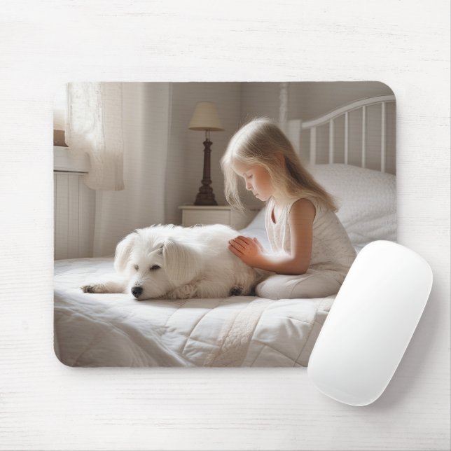 Little Girl som bönar med Hund Musmatta (Med mus)