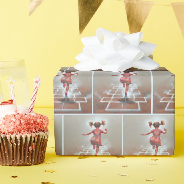 Little Girl spelar Hopscotch Presentpapper (Födelsedagsfest)