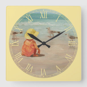 Little Girl vid Beach Fine Art Roman Numeral Fyrkantig Klocka