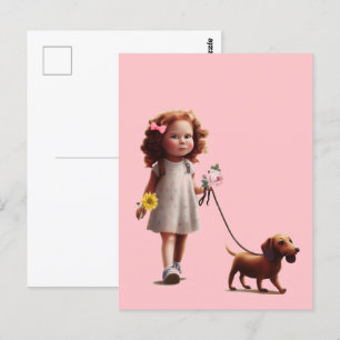 Little Girl Walking Dachshund Vykort