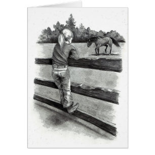 Little Girl Watching Horse in Pasture: Pencil Hälsningskort