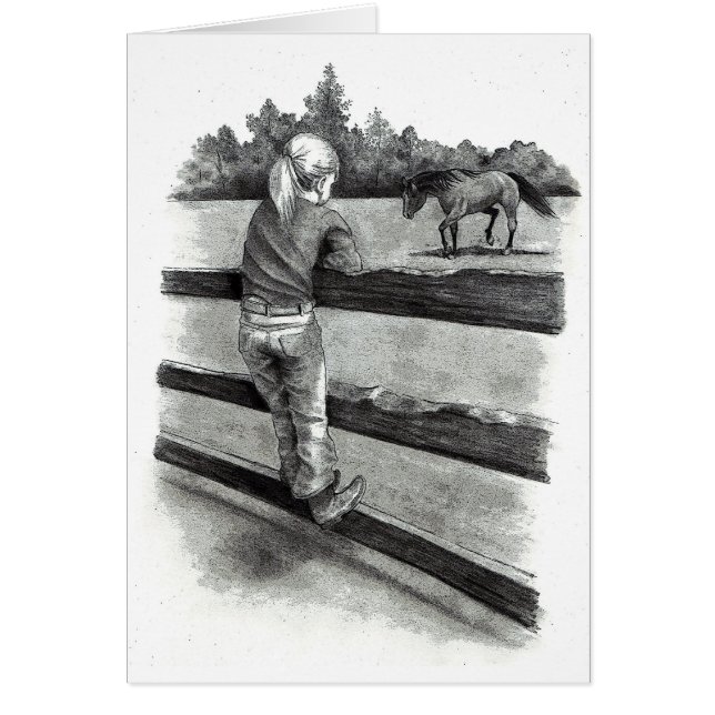 Little Girl Watching Horse in Pasture: Pencil Hälsningskort (Framsidan)