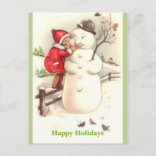 Little Girl Whispering to Snögubbe Glad helg Vykort