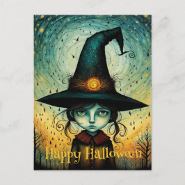 Little Girl Witch Hat Halloween Vykort