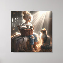 Little Girl with a Basket of Kittens Canvastryck