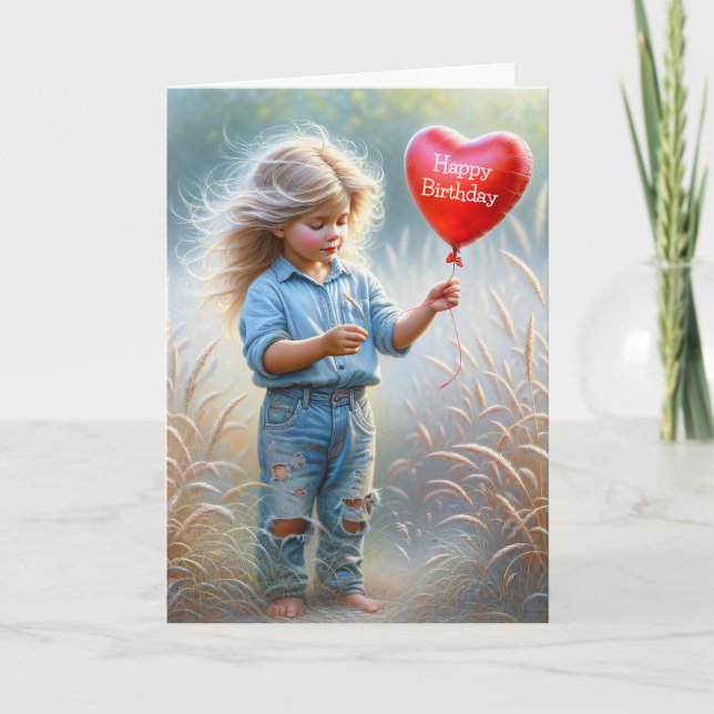 Little Girl with a Red Heart Birthday Balloon Kort (Framsida)