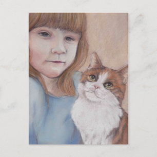 Little Girl with Calico Cat Postcard Vykort