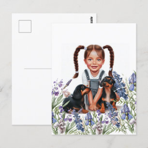 Little Girl with Dachshund Puppies Vykort