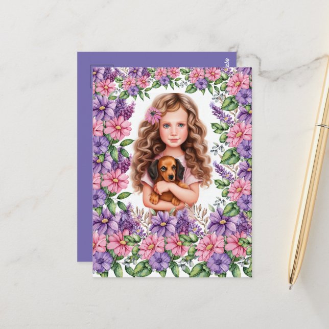 Little Girl with Dachshund Puppy Vykort (Fram/Back In Situ)