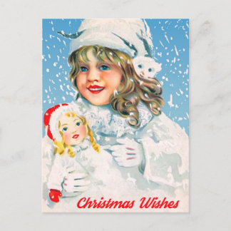 Little Girl with Doll Wish You a Merry Christmas Helg Vykort