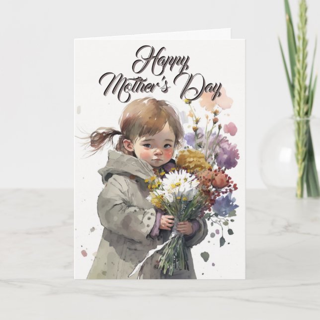 Little Girl with Flower Bouquet, Mors dag Card Kort (Framsida)