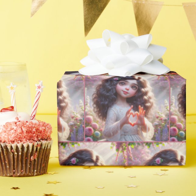 Little Girl with Heart Sign Presentpapper (Födelsedagsfest)