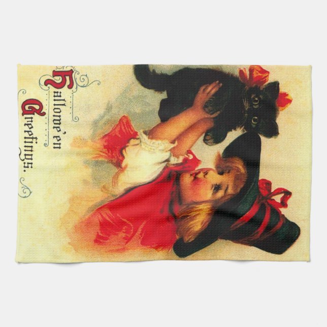 Little Girl with her Black Cat Kökshandduk (Horisontell)