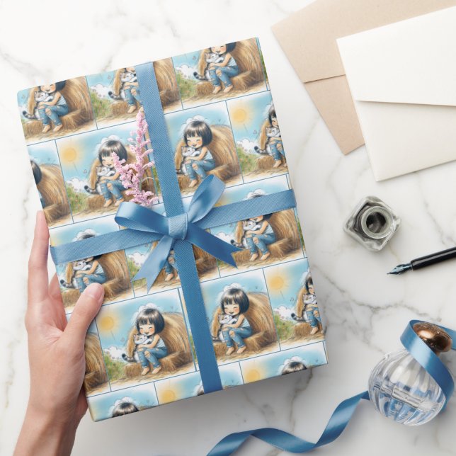 Little Girl with Kitten on Hay Bale Presentpapper (Gifting)