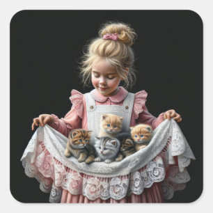 Little Girl with Kittens in her Apron Fyrkantigt Klistermärke