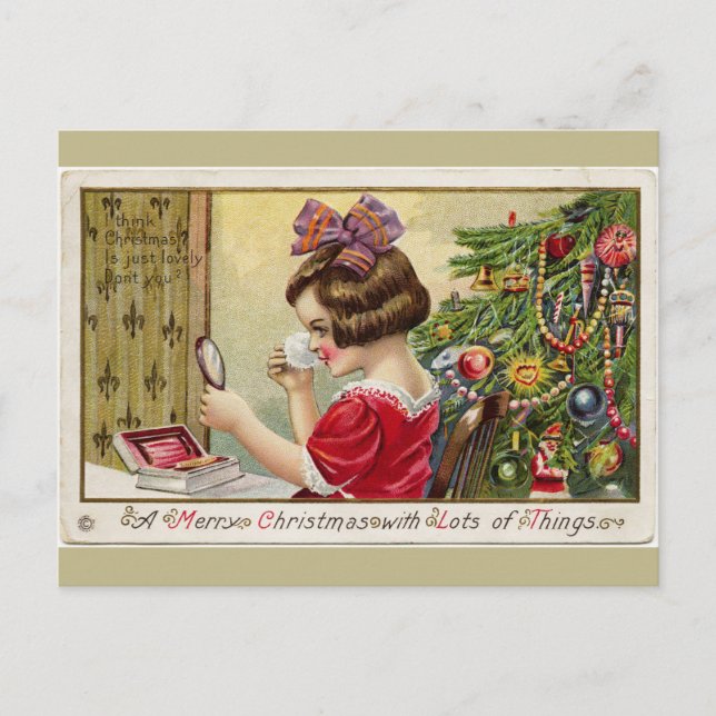 Little Girl with Makeup Mirror jul Postcard Helg Vykort (Framsida)