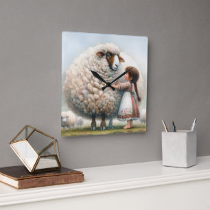 Little Girl with Oversized Ewe Fyrkantig Klocka