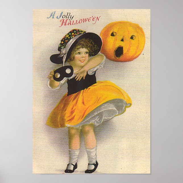 Little Girl with Pumpkin and Mask Poster (Framsidan)