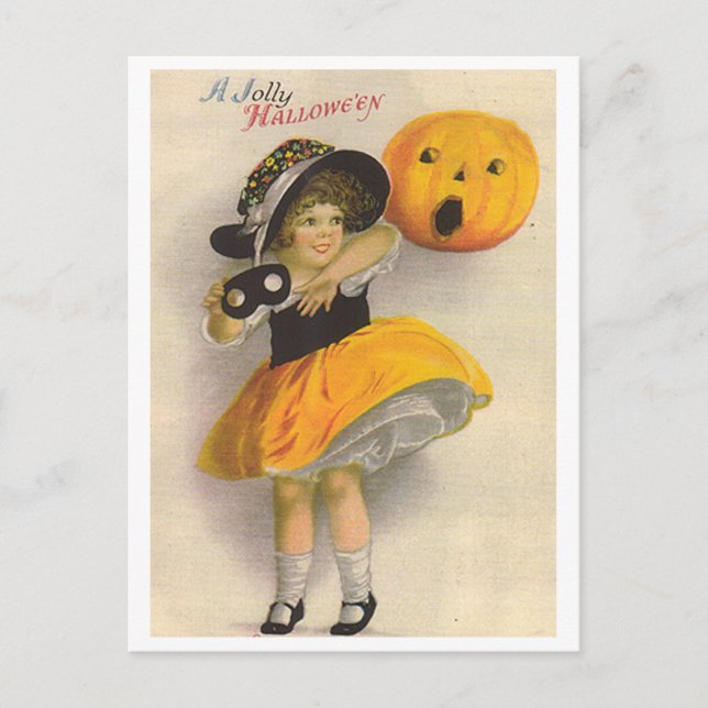 Little Girl with Pumpkin and Mask Vykort (Framsida)