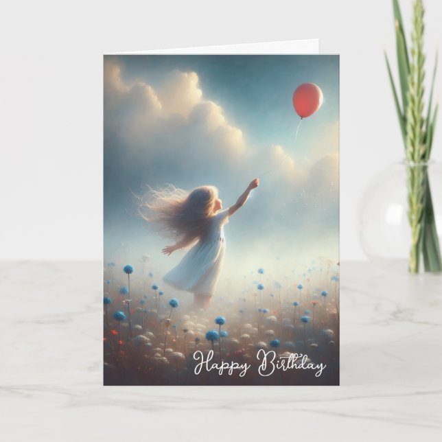 Little Girl with Red Balloon Birthday Kort (Framsida)