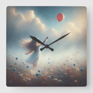 Little Girl with Red Balloon Fyrkantig Klocka