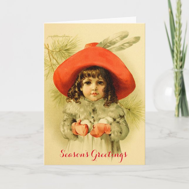 Little Girl with Red Hat Spela Snowball, Winter Helgkort (Framsida)