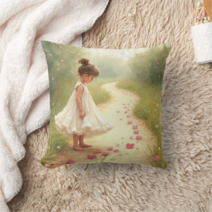 Little Girl with Rosa Hearts on a Dirt Väg Kudde