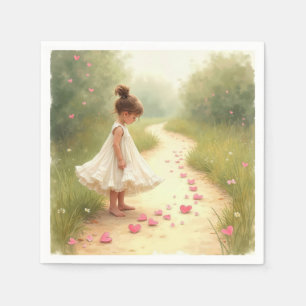 Little Girl with Rosa Hearts on Dirt Väg Pappersservett