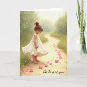 Little Girl with Rosa Hearts Tänker på dig Kort