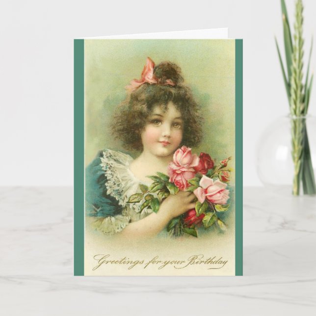 Little Girl with Rosa ros ,Birthday Kort (Framsida)