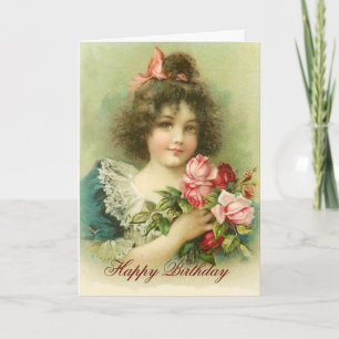 Little Girl with Rosa ros ,Birthday Kort
