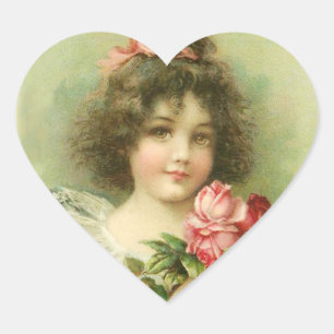Little Girl with Rosa ros Valentine Day Hjärtformat Klistermärke
