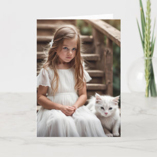 Little Girl with White Cat for Birthday Kort