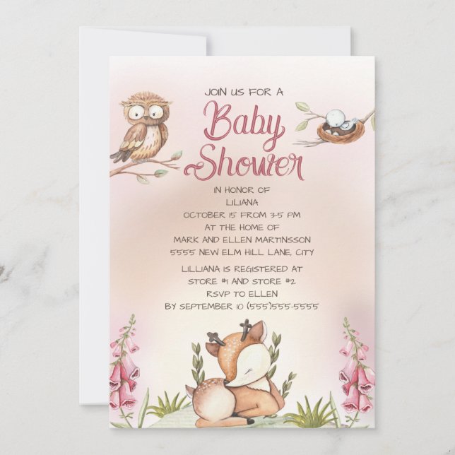 Little Girl Woodland Animals Uggla Baby Shower Hjo Inbjudningar (Framsida)