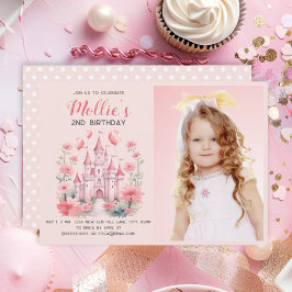 Little Girls 2:a födelsedag Rosa Castle Photo Inbjudningar