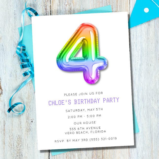 Little Girls 4e födelsedagen Balloon Party Inbjudningar (Little Girls 4th Birthday Balloon Party Invitation)