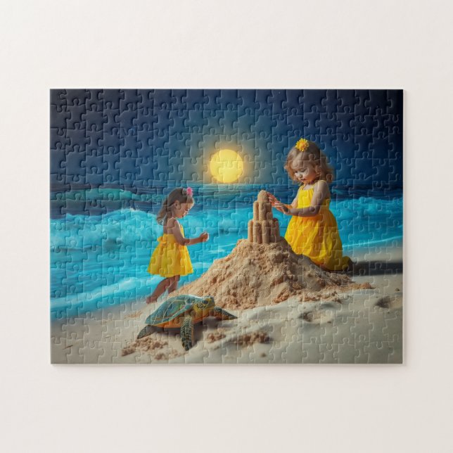 Little girls and a sea turtle building sandcastles pussel (Horisontell)