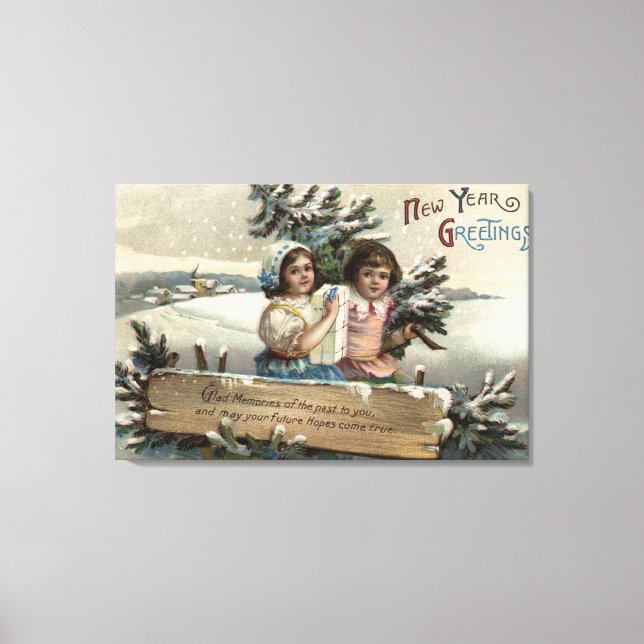 Little Girls Holding a Present och Träd Canvastryck (Framsida)