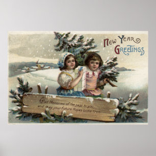 Little Girls Holding a Present och Träd Poster