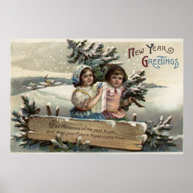 Little Girls Holding a Present och Träd Poster (Framsidan)