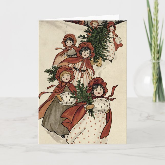 Little Girls with Holly och Julgran Helgkort (Framsida)