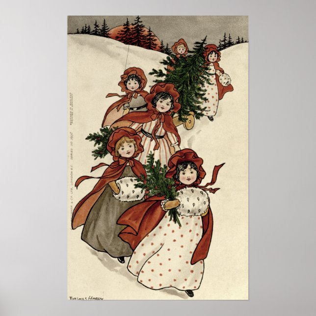 Little Girls with Holly och Julgran Poster (Framsidan)