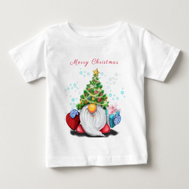 Little Gnome med Julgran Hat och Gift Roligt T Shirt (Framsida)