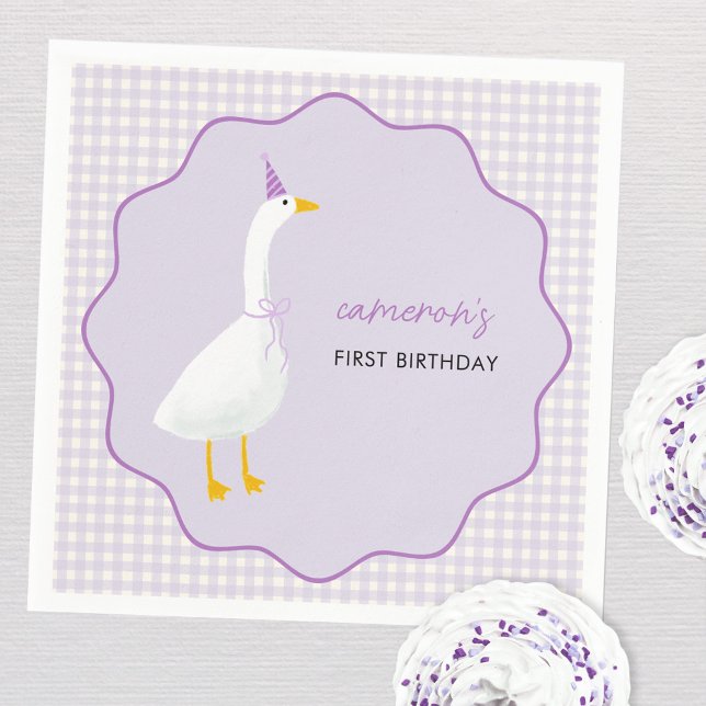 Little Goose Gingham First 1st Birthday Pappersservett (Personalized Little Goose lilac gingham first birthday party paper napkins)