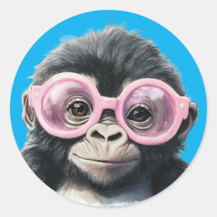 Little Gorilla with Rosa Glasses Mörk blått Backgr Runt Klistermärke