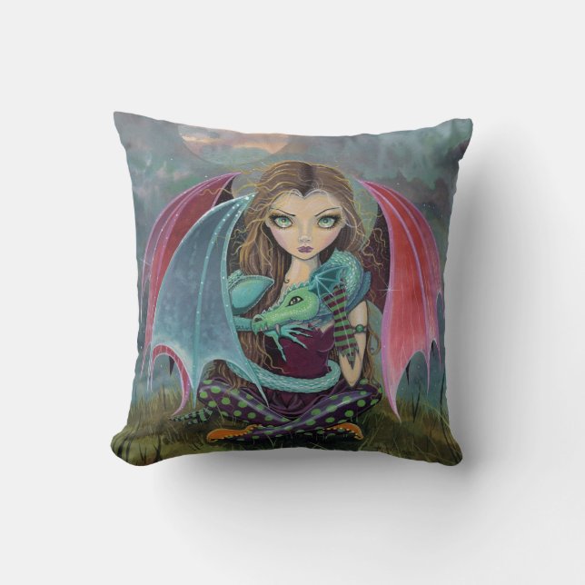 Little Gothic Fairy and Dragon Fantasy Art Pillow Kudde (Framsida)