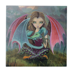 Little Gothic Fairy and Dragon Fantasy Art Tile Kakelplatta