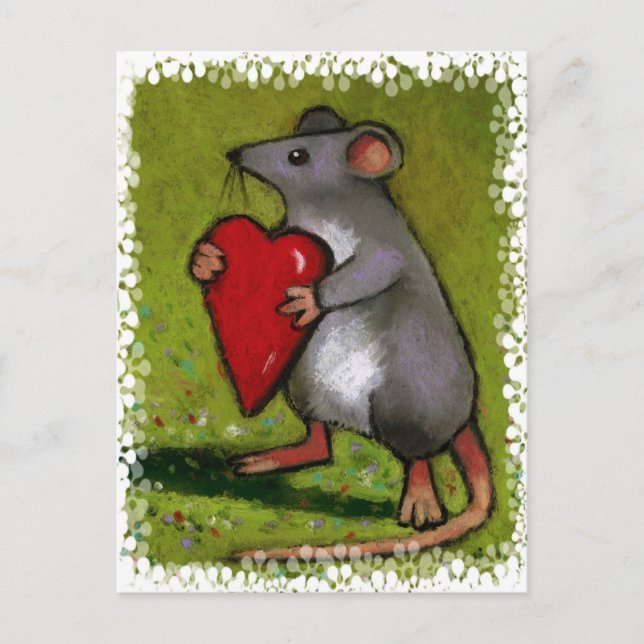 Little Grått Mouse Holding Red Heart: Oil Pastel Vykort (Framsida)
