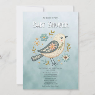 Little Grönt Bird Blommigt Baby Shower Inbjudningar